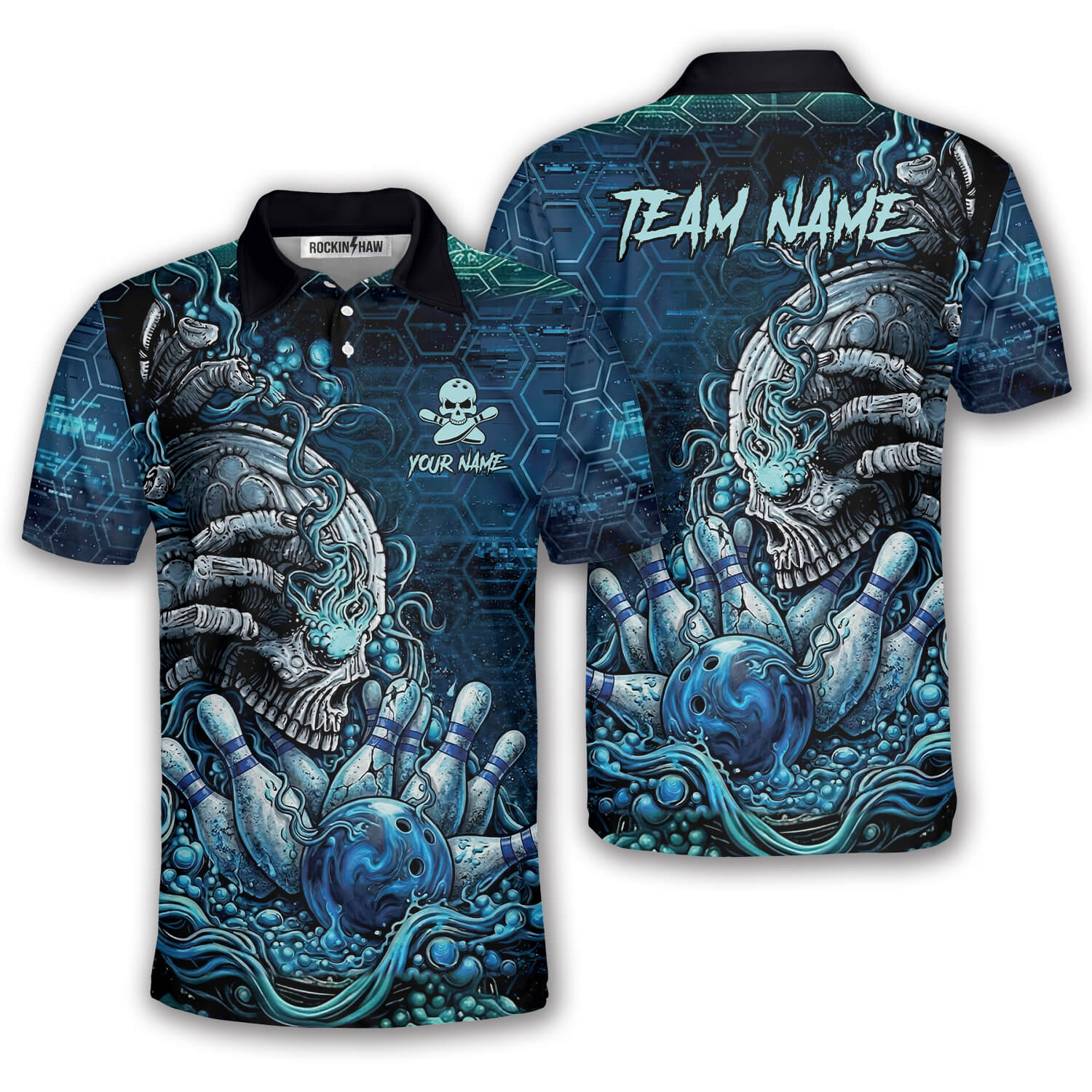 Blue Toxic Skull Bowling Strike Graphic Custom Bowling Shirt #353PRM20260429 Mockup FB Blue Toxic Skull Bowling Strike Graphic Custom Bowling Shirt - Image 1