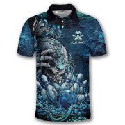 Blue Toxic Skull Bowling Strike Graphic Custom Bowling Shirt - Image 4