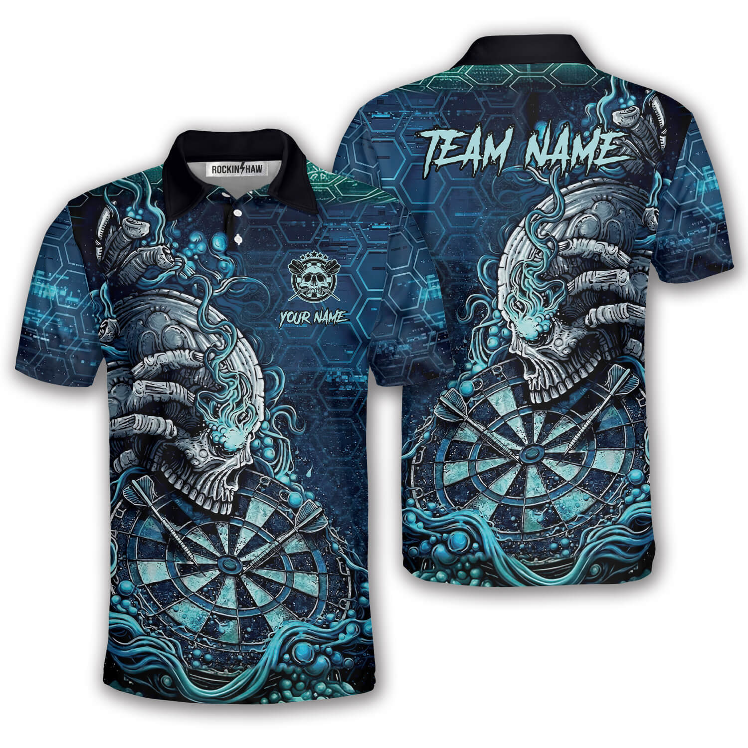 Blue Toxic Skull Dartboard Graphic Custom Darts Shirt #347PRM20260426 Mockup FB Blue Toxic Skull Dartboard Graphic Custom Darts Shirt - Image 1