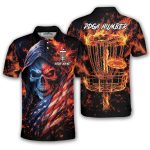 Flaming Skull USA Flag Disc Basket Custom Disc Golf Shirt