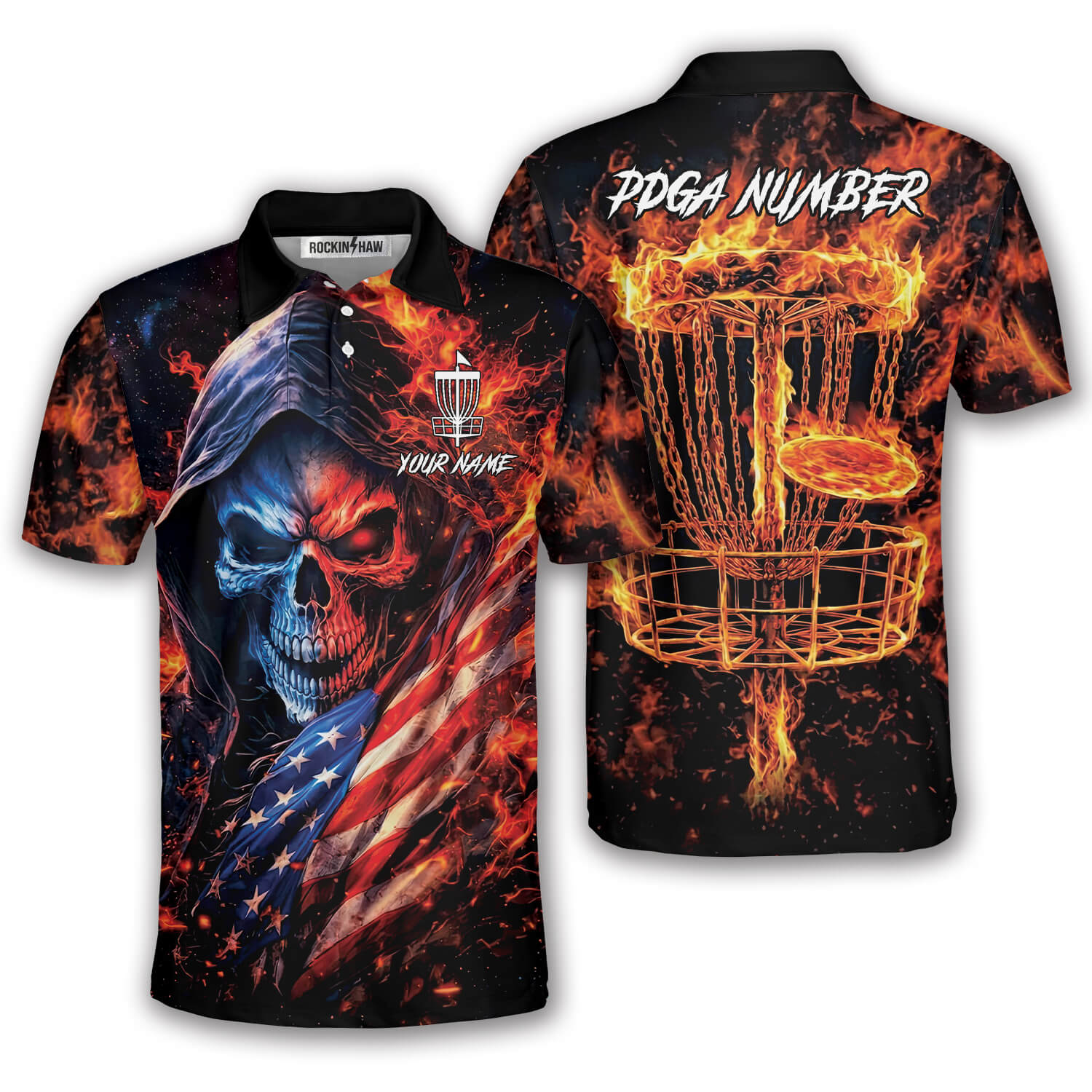 Flaming Skull USA Flag Disc Basket Custom Disc Golf Shirt #365PRM20260513 Mockup FB Flaming Skull USA Flag Disc Basket Custom Disc Golf Shirt - Image 1