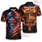 Flaming Skull USA Flag Disc Basket Custom Disc Golf Shirt - Image 5