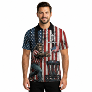 Funny Bigfoot Patriotic Retro USA Flag Sasquatch Custom Disc Golf Shirt - Image 2