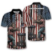 Funny Bigfoot Patriotic Retro USA Flag Sasquatch Custom Disc Golf Shirt