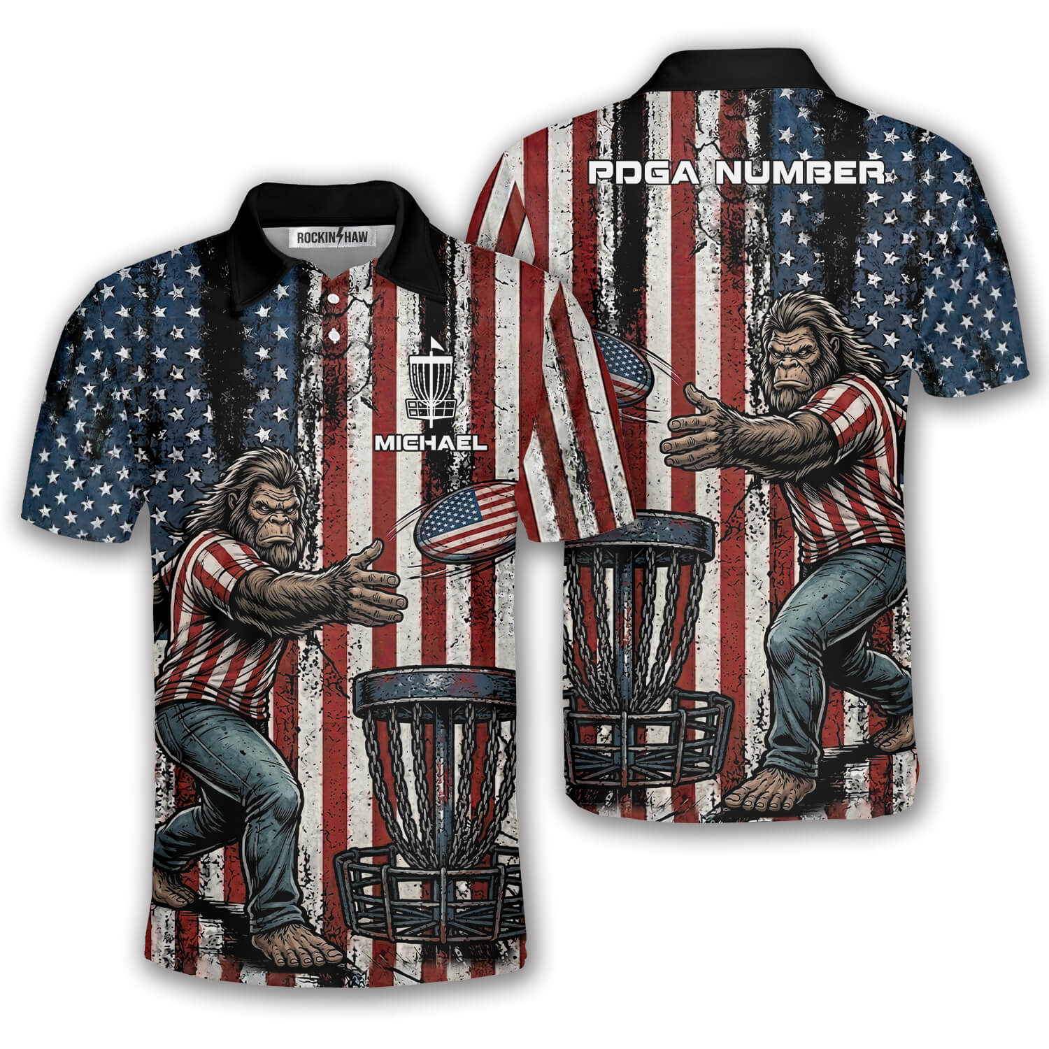 Funny Bigfoot Patriotic Retro USA Flag Sasquatch Custom Disc Golf Shirt #369PRM20260514 Mockup FB Funny Bigfoot Patriotic Retro USA Flag Sasquatch Custom Disc Golf Shirt - Image 1