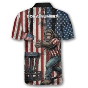 Funny Bigfoot Patriotic Retro USA Flag Sasquatch Custom Disc Golf Shirt - Image 4
