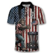 Funny Bigfoot Patriotic Retro USA Flag Sasquatch Custom Disc Golf Shirt - Image 3