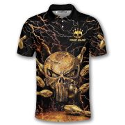 Gold Punisher Skull Lightnings Bowling Strike Custom Bowling Shirt - Image 3