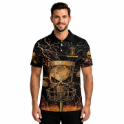 Gold Punisher Skull Lightnings Disc Basket Custom Disc Golf Shirt - Image 2