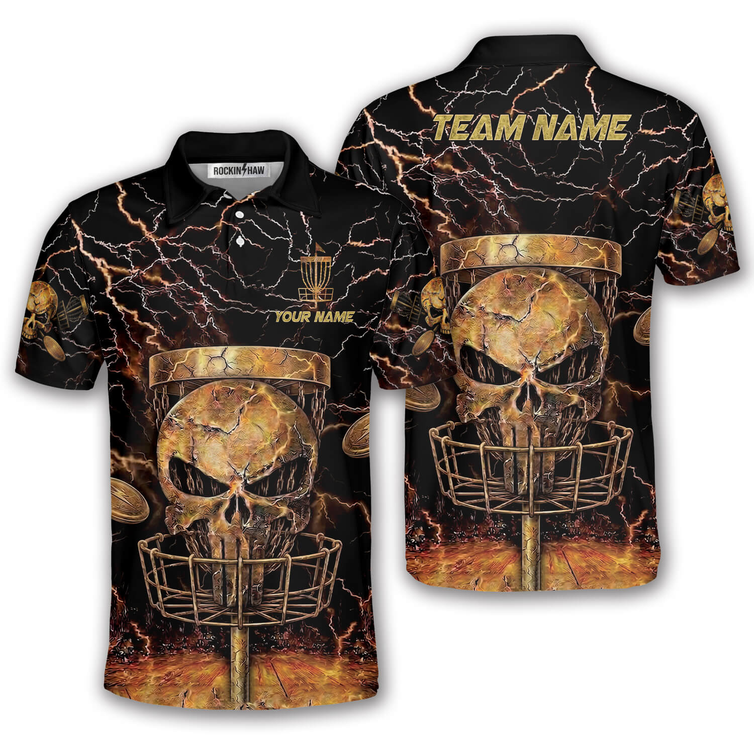 Gold Punisher Skull Lightnings Disc Basket Custom Disc Golf Shirt #366PRM20260513 Mockup FB Gold Punisher Skull Lightnings Disc Basket Custom Disc Golf Shirt - Image 1