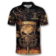Gold Punisher Skull Lightnings Disc Basket Custom Disc Golf Shirt - Image 3