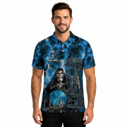 Gothic Grim Reaper Blue Flaming Skull Custom Disc Golf Shirt - Image 2