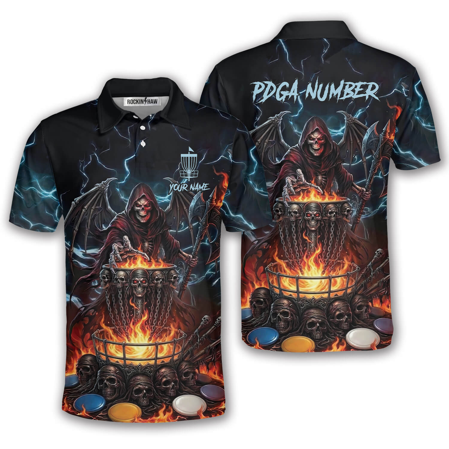 Gothic Grim Reaper Blue Flaming Skull Custom Disc Golf Shirt #375PRM20260515 Mockup FB Gothic Grim Reaper Blue Flaming Skull Custom Disc Golf Shirt - Image 1