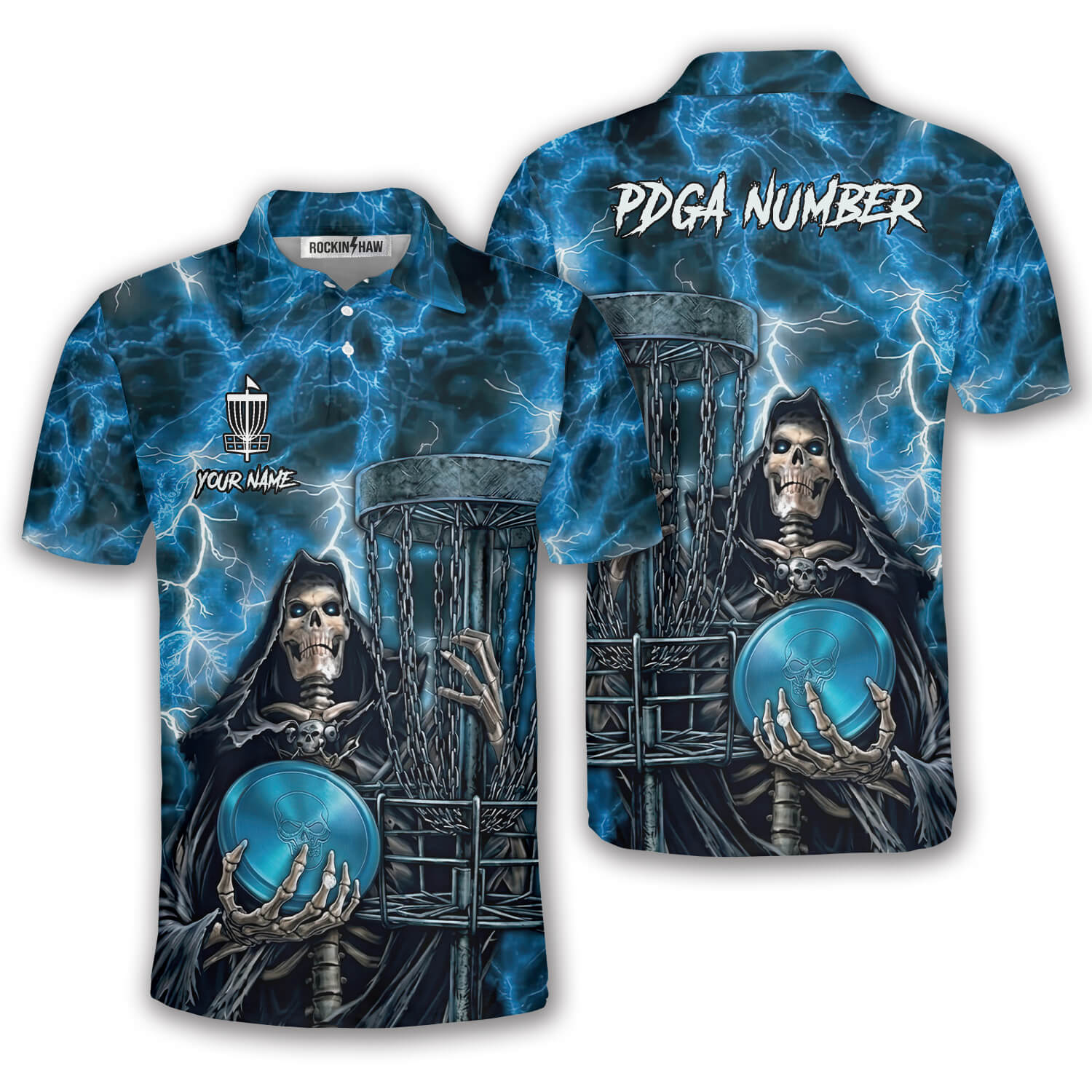 Gothic Grim Reaper Blue Flaming Skull Custom Disc Golf Shirt #386PRM20260519 Mockup FB Gothic Grim Reaper Blue Flaming Skull Custom Disc Golf Shirt - Image 1