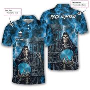 Gothic Grim Reaper Blue Flaming Skull Custom Disc Golf Shirt - Image 5