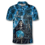 Gothic Grim Reaper Blue Flaming Skull Custom Disc Golf Shirt - Image 3