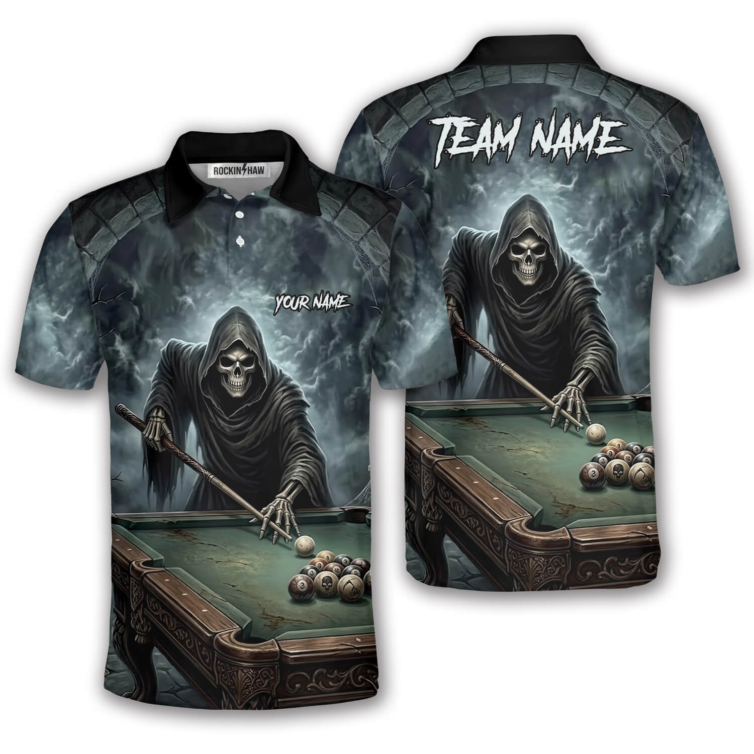 Gothic Grim Reaper Playing Billiards Gray Dark Custom Pool Shirt #390PRM20260520 Mockup FB Gothic Grim Reaper Playing Billiards Gray Dark Custom Pool Shirt - Image 1