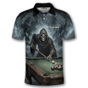 Gothic Grim Reaper Playing Billiards Gray Dark Custom Pool Shirt - Image 3