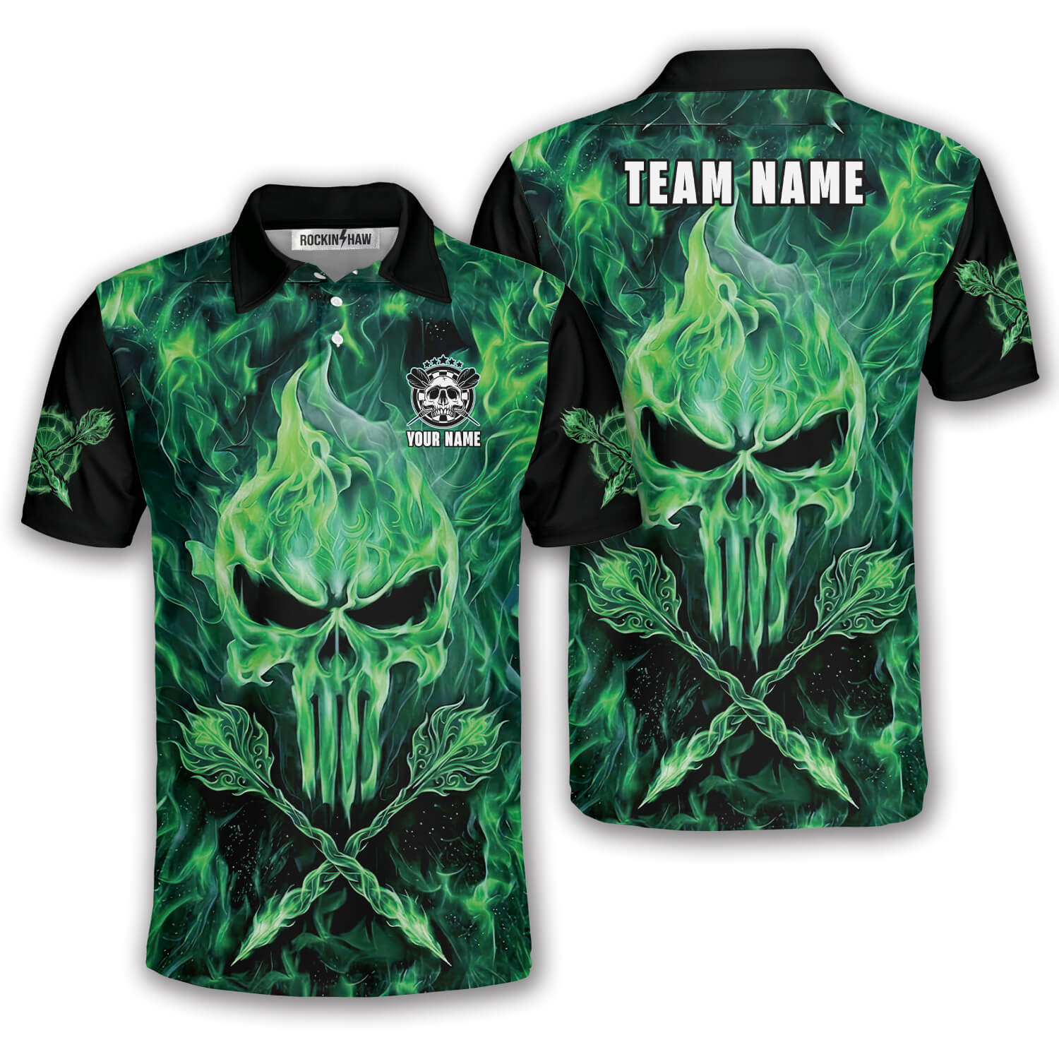 Green Fire Flame Punisher Skull Arrows Custom Darts Shirt #345PRM20260426 Mockup FB Green Fire Flame Punisher Skull Arrows Custom Darts Shirt - Image 1