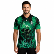 Green Fire Flame Punisher Skull Bowling Strike Custom Bowling Shirt - Image 2