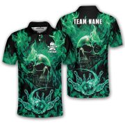 Green Fire Flame Punisher Skull Bowling Strike Custom Bowling Shirt