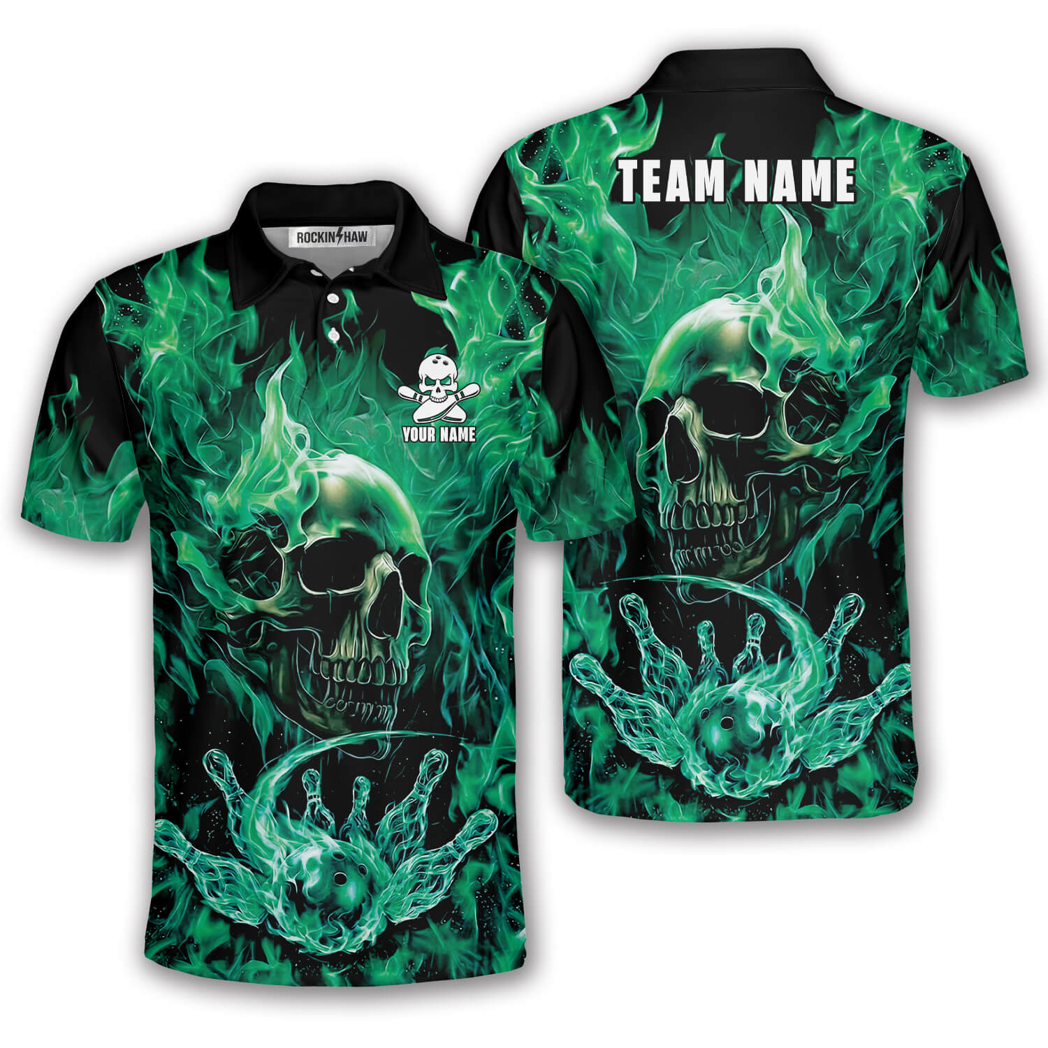 Green Fire Flame Punisher Skull Bowling Strike Custom Bowling Shirt #355PRM20260429 Mockup FB Green Fire Flame Punisher Skull Bowling Strike Custom Bowling Shirt - Image 1
