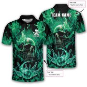Green Fire Flame Punisher Skull Bowling Strike Custom Bowling Shirt - Image 5