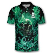 Green Fire Flame Punisher Skull Bowling Strike Custom Bowling Shirt - Image 3
