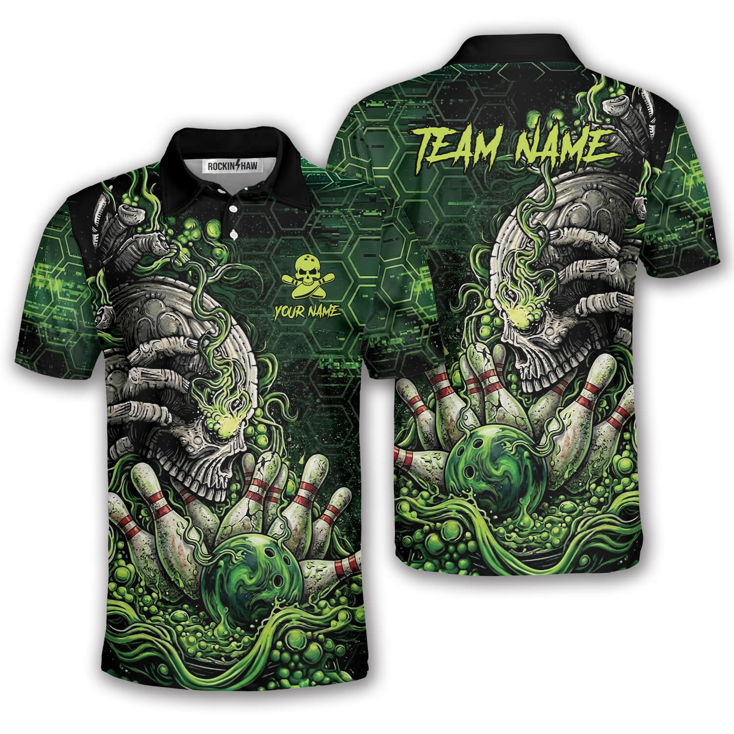 Green Toxic Skull Bowling Strike Graphic Custom Bowling Shirt #352PRM20260429 Mockup FB Green Toxic Skull Bowling Strike Graphic Custom Bowling Shirt - Image 1