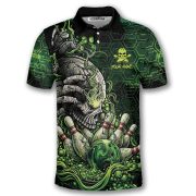 Green Toxic Skull Bowling Strike Graphic Custom Bowling Shirt - Image 3