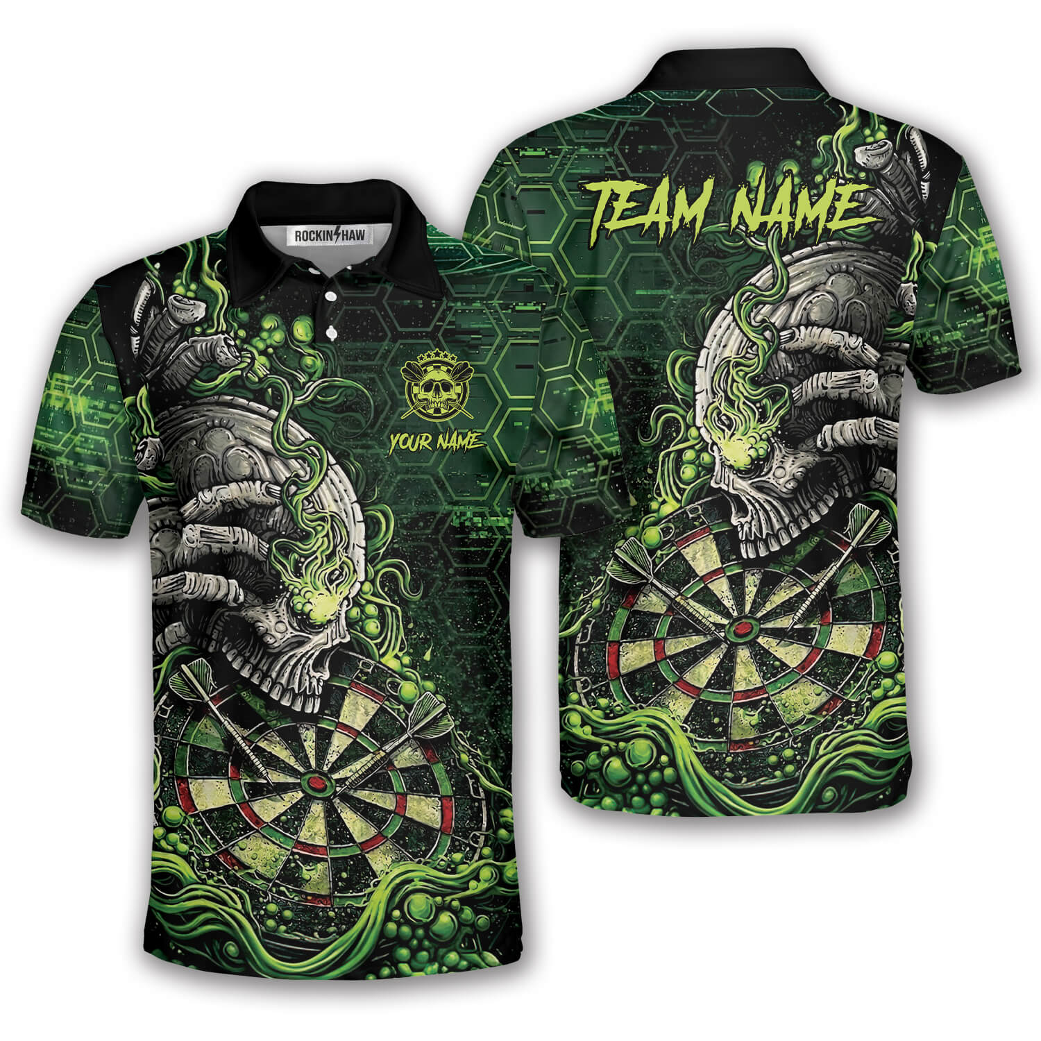 Green Toxic Skull Dartboard Graphic Custom Darts Shirt #348PRM20260428 Mockup FB Green Toxic Skull Dartboard Graphic Custom Darts Shirt - Image 1