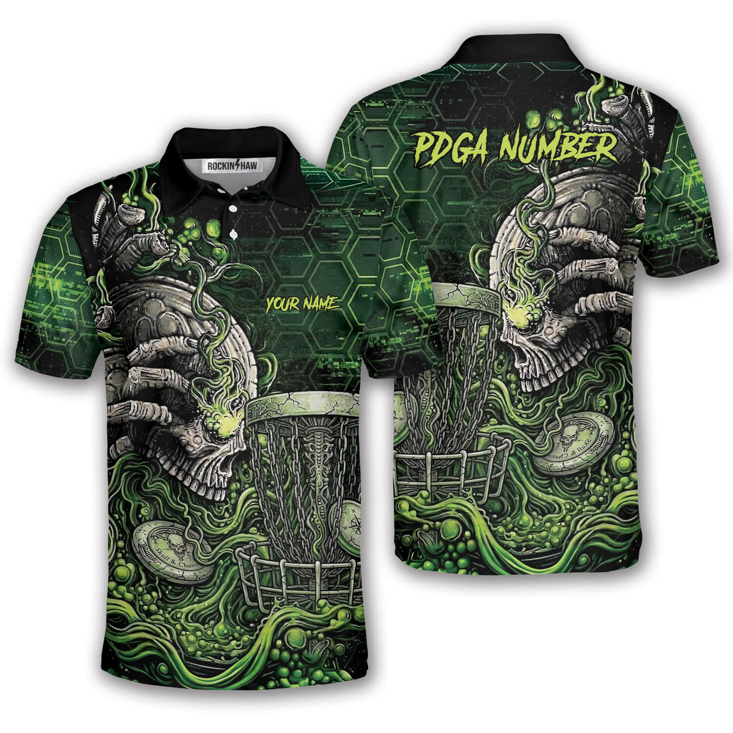 Green Toxic Skull Disc Basket Custom Disc Golf Shirt #363PRM20260511 Mockup FB Green Toxic Skull Disc Basket Custom Disc Golf Shirt - Image 1