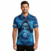 Grim Reaper 8 Ball Billiard Blue Flaming Skull Custom Pool Shirt - Image 2