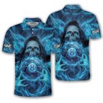 Grim Reaper 8 Ball Billiard Blue Flaming Skull Custom Pool Shirt