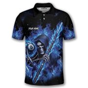 Grim Reaper 8 Ball Pool Player Blue Flame Custom Billiard Shirt - Image 3