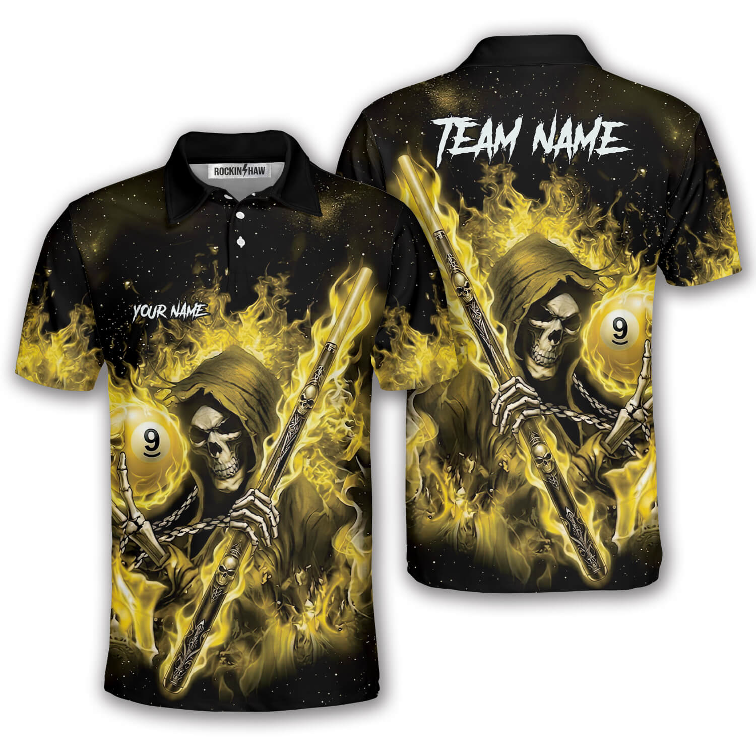 Grim Reaper 9 Ball Pool Player Yellow Flame Custom Billiard Shirt #399PRM20260522 Mockup FB Grim Reaper 9 Ball Pool Player Yellow Flame Custom Billiard Shirt - Image 1