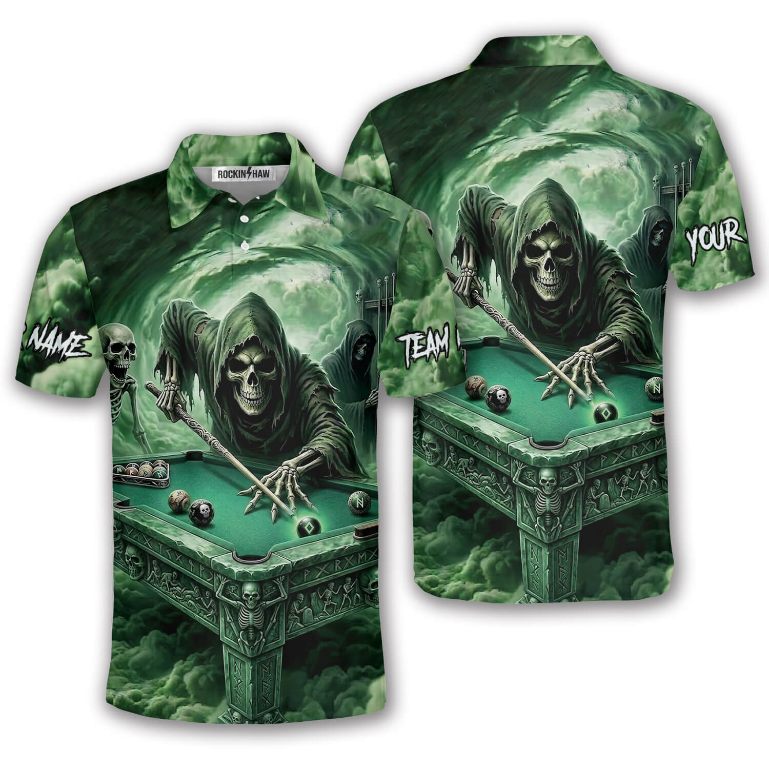 Grim Reaper Playing Billiards Skeletons Green Smoke Custom Pool Shirt #391PRM20260520 Mockup FB Grim Reaper Playing Billiards Skeletons Green Smoke Custom Pool Shirt - Image 1