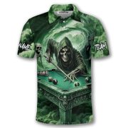 Grim Reaper Playing Billiards Skeletons Green Smoke Custom Pool Shirt - Image 3