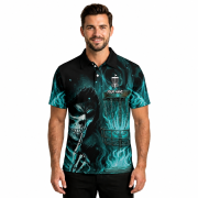Grim Reaper Teal Flame Disc Basket Custom Disc Golf Shirt - Image 2