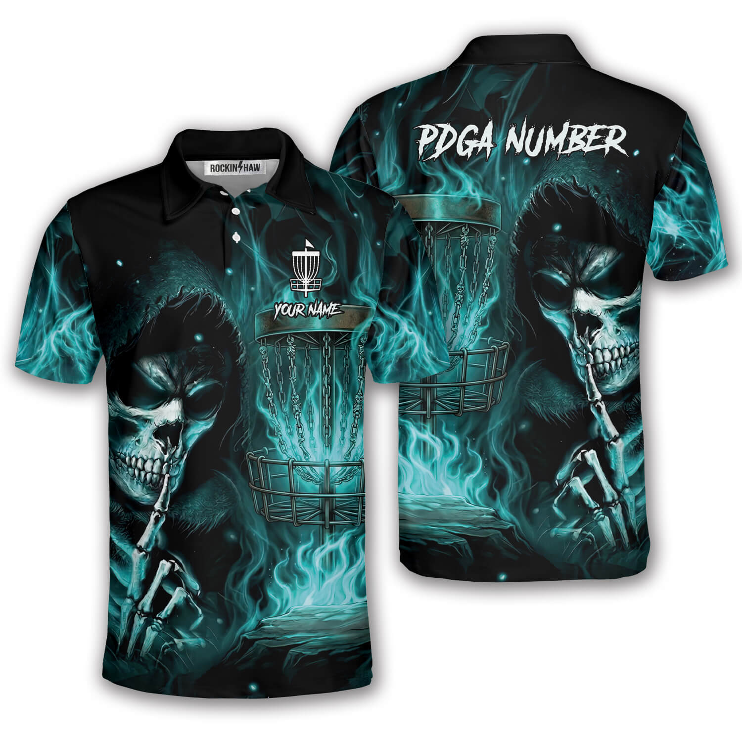 Grim Reaper Teal Flame Disc Basket Custom Disc Golf Shirt #376PRM20260515 Mockup FB Grim Reaper Teal Flame Disc Basket Custom Disc Golf Shirt - Image 1