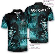 Grim Reaper Teal Flame Disc Basket Custom Disc Golf Shirt - Image 5