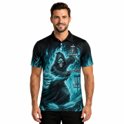 Grim Reaper Throwing Disc Blue Ghostly Fire Custom Disc Golf Shirt - Image 2