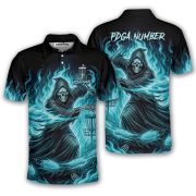Grim Reaper Throwing Disc Blue Ghostly Fire Custom Disc Golf Shirt