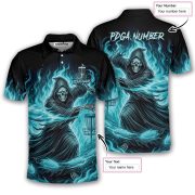 Grim Reaper Throwing Disc Blue Ghostly Fire Custom Disc Golf Shirt - Image 5