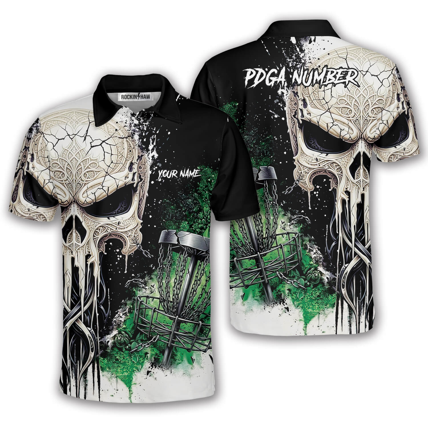 Grungy Skull Disc Basket Green Splatter Design Custom Disc Golf Shirt #362PRM20260511 Mockup FB Grungy Skull Disc Basket Green Splatter Design Custom Disc Golf Shirt - Image 1