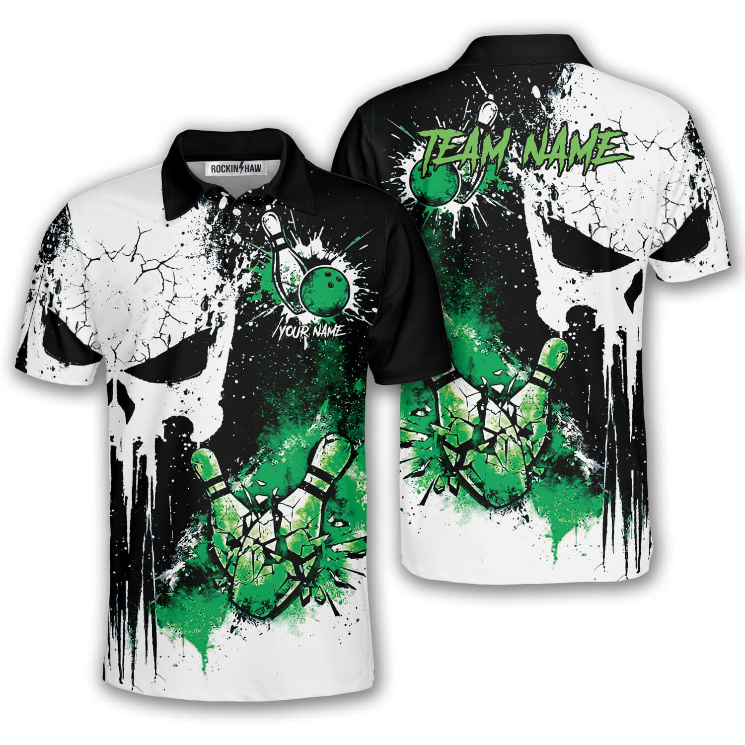 Punisher Skull Grunge Green Bowling Strike Custom Bowling Shirt #350PRM20260429 Mockup FB Punisher Skull Grunge Green Bowling Strike Custom Bowling Shirt - Image 1