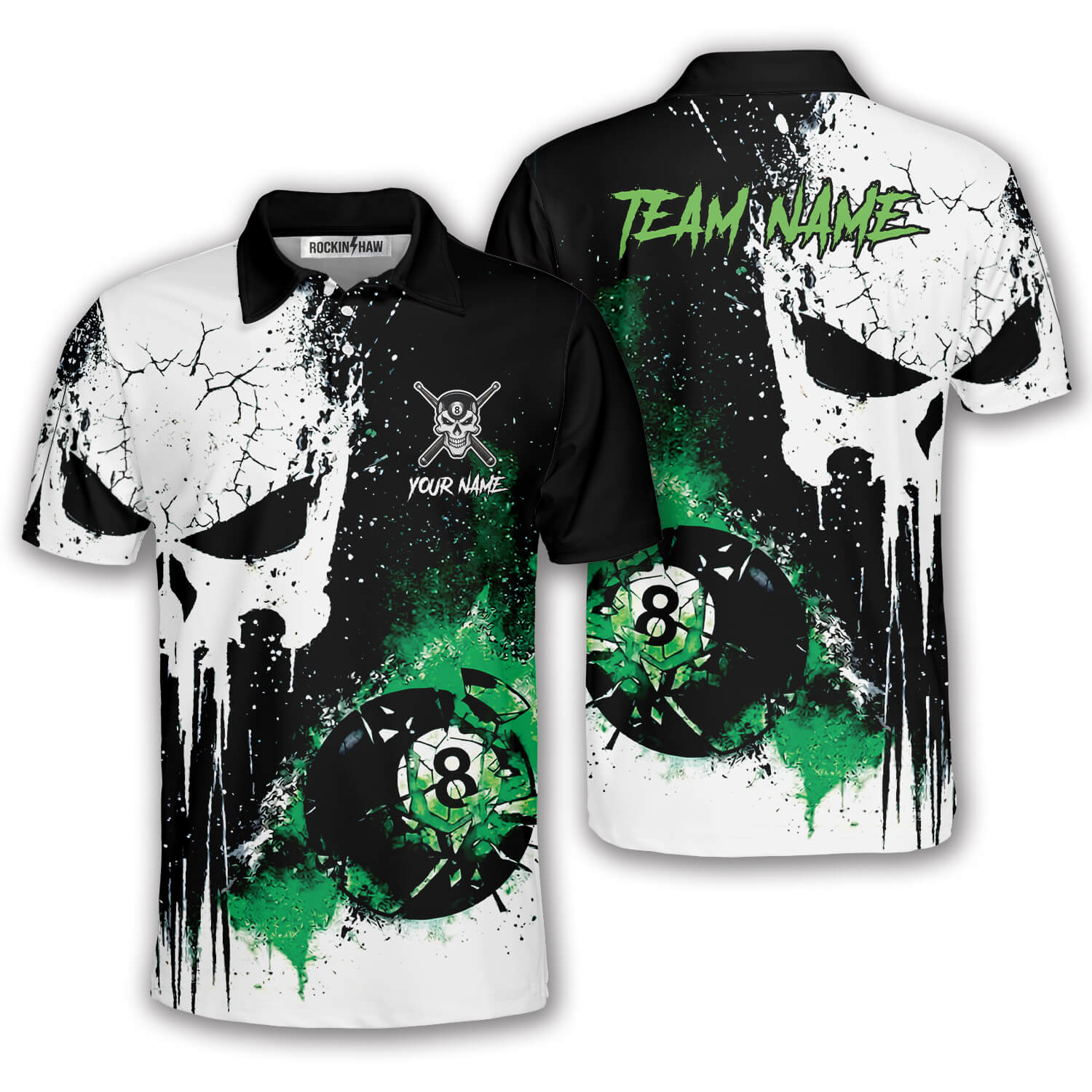 Punisher Skull Grunge Green Broken 8 Ball Billiard Custom Pool Shirt #360PRM20260504 Mockup FB Punisher Skull Grunge Green Broken 8 Ball Billiard Custom Pool Shirt - Image 1