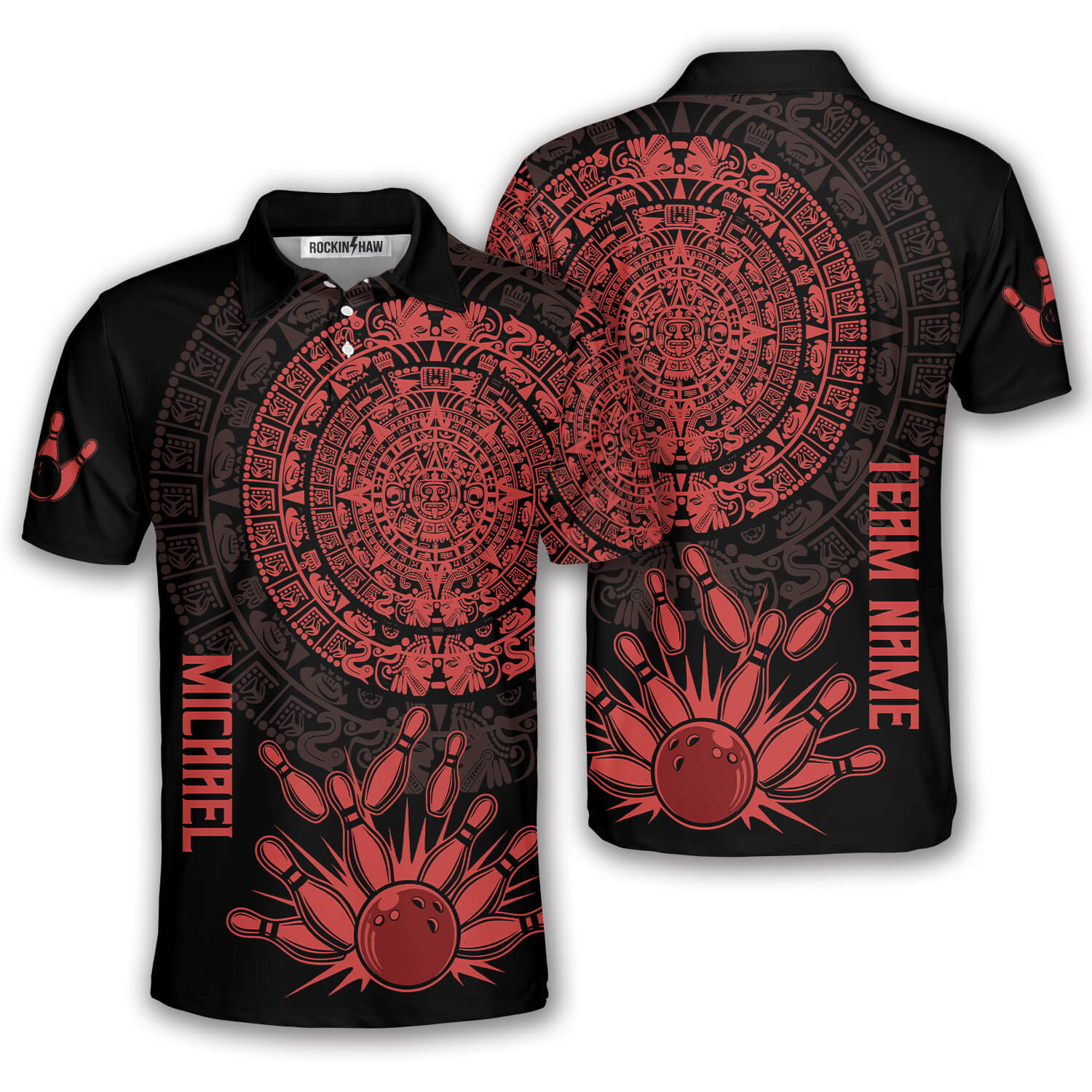 Red Black Aztec Calendar Bowling Strike Custom Bowling Shirt #401PRM20260522 Mockup FB Red Black Aztec Calendar Bowling Strike Custom Bowling Shirt - Image 1