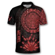 Red Black Aztec Calendar Bowling Strike Custom Bowling Shirt - Image 3
