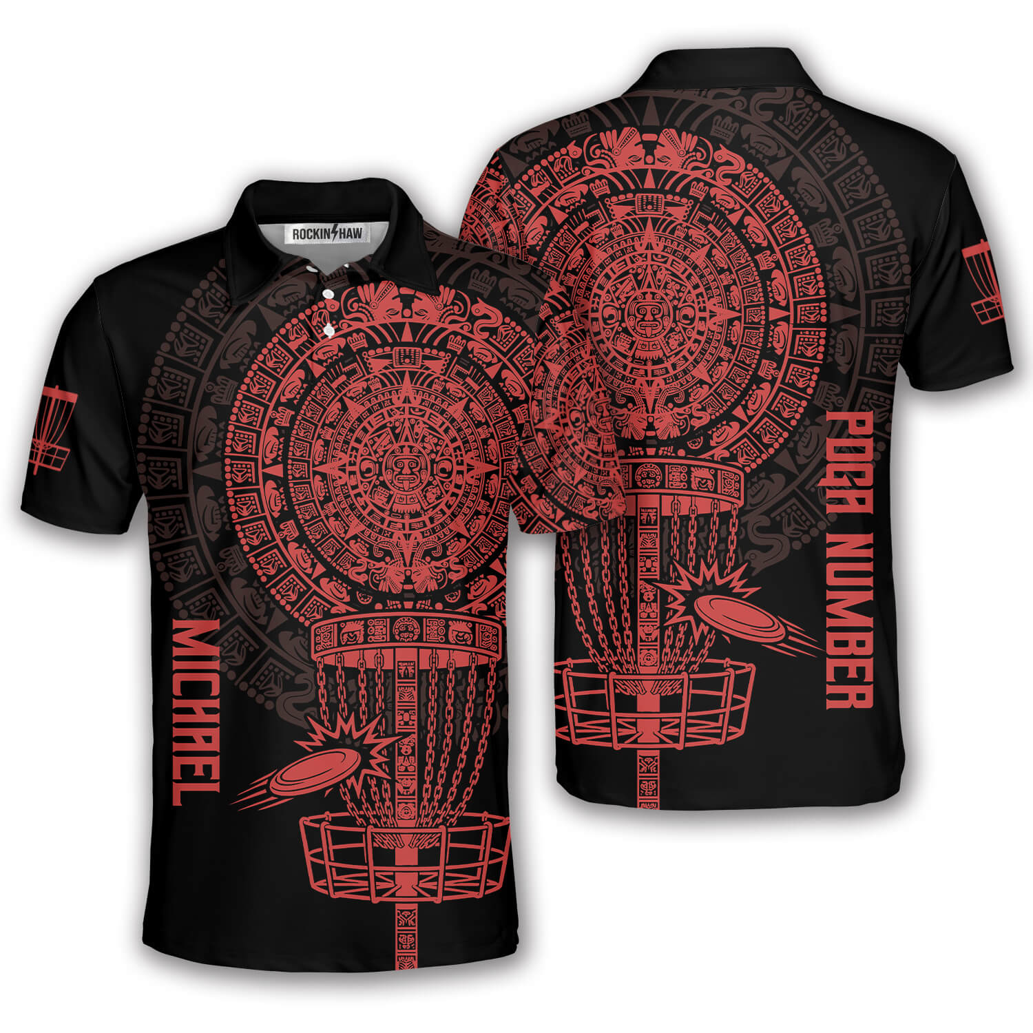 Red Black Aztec Calendar Disc Basket Custom Disc Golf Shirt #412PRM20260526 Mockup FB Red Black Aztec Calendar Disc Basket Custom Disc Golf Shirt - Image 1